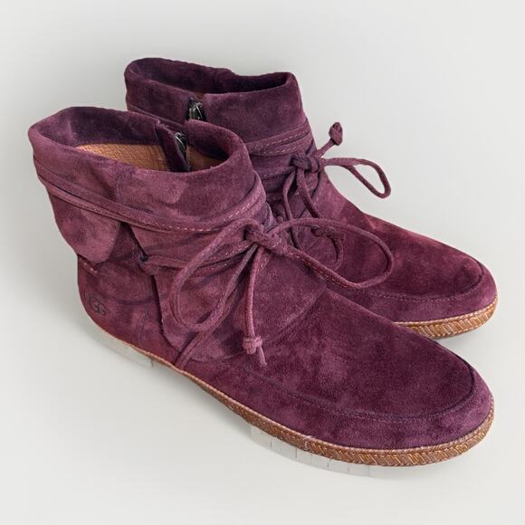 UGG Reid Wine Suede Moccasin Boots Women 10 Leather Sheepskin 1019129 NWOT - Picture 1 of 16
